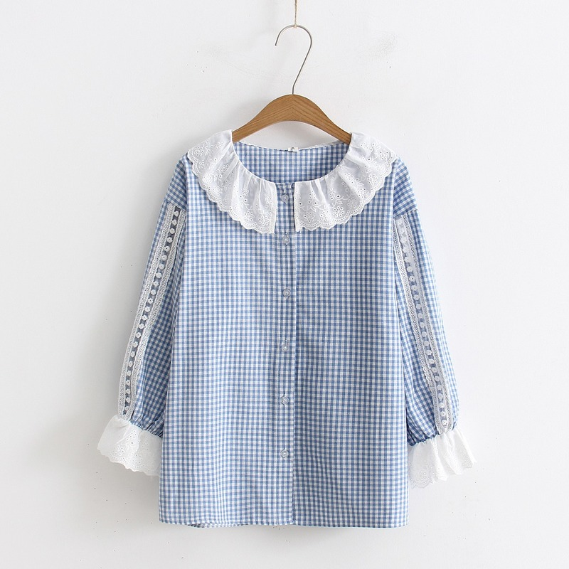 Cotton Shirt Lace Blouse Tops Ruffle Collar Hollow Out Check Cotton Shirt Lace Blouse Tops Ruffle Collar Hollow Out Check