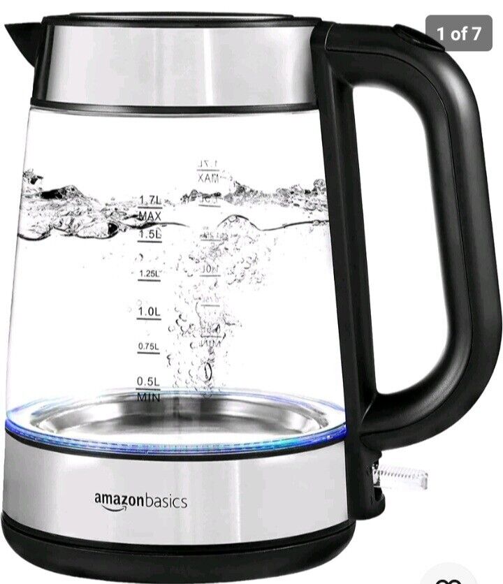 Electric Glass and Steel Hot Tea Water Kettle, Amazon Basics 1.7-Liter