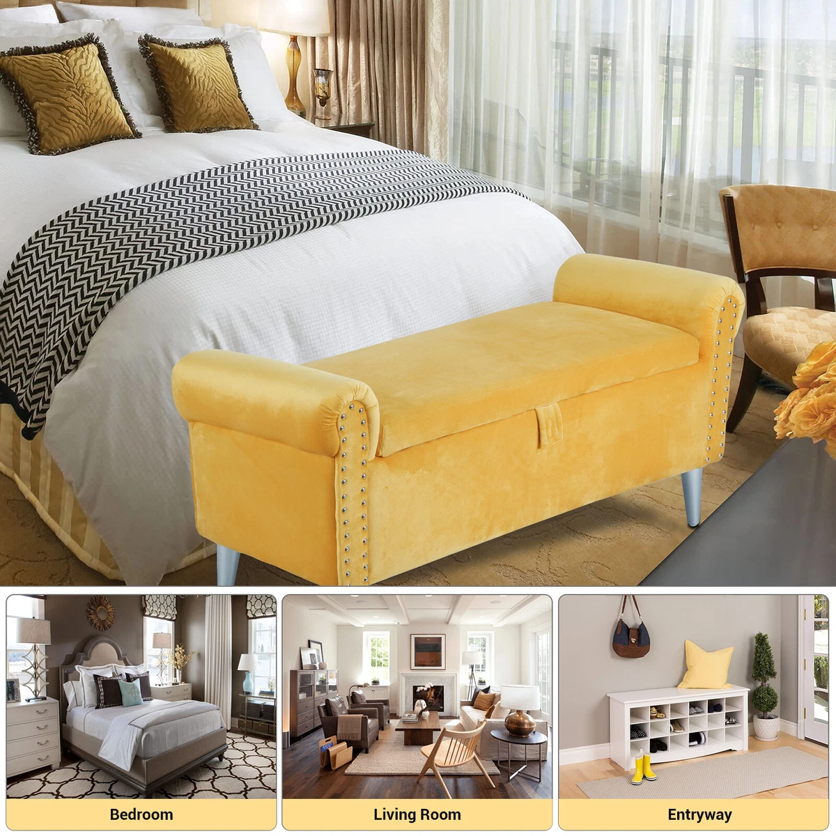 47 inch Long Storage Bench Ottoman End of Bed Footstool Velvet