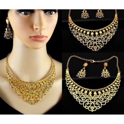 WIDE CHOKER NECKLACE Earrings Gold Set Morrocan Dubai Bib