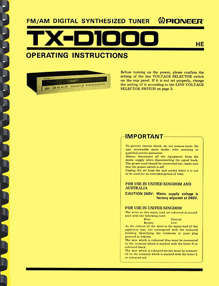 Pioneer TX-D1000 Tuner OWNER'S MANUAL and SCHEMATIC DIAGRAM