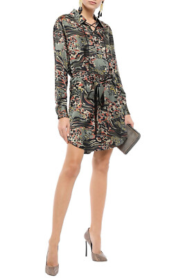 Roberto Cavalli Lace-Up Printed Silk-Satin Mini Shirt Dress sz 40