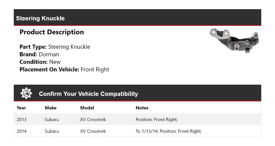 Nudillo de dirección delantero derecho para Subaru XV Crosstrek Dorman 2013-2014 Foto 2 de 4