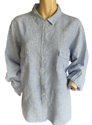 M & S ~ Denim Blue & White Pinstriped Collared Linen Shirt Blouse Top ~ Size 22 - Foto 1 di 4