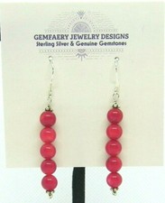 Sterling Silver Natural Red CORAL Gemstone Dangle Earrings 211...Handmade USA
