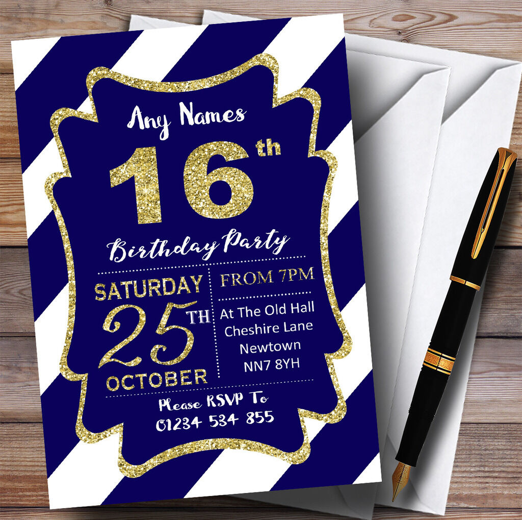 Blue White Diagonal Stripes Gold 16th Personalised Birthday Party Invitations Popularna okazja