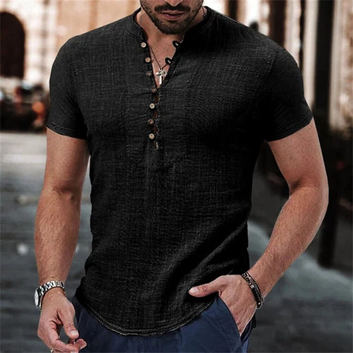 Men T Shirt Short Sleeve Tops Cotton Linen Summer Grandad Collar Shirt Blouse UK - Picture 8 of 15