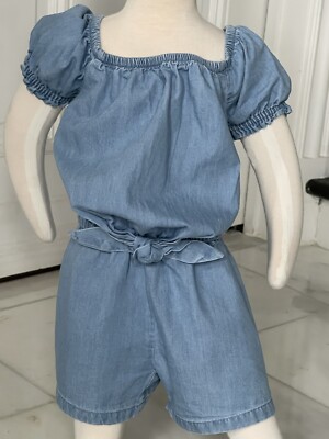 GAP Kids Blue Denim Romper Little Girls Size 4 Size 5 Bow Tie & Puff Sleeves