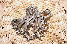 Vintage JJ Jonette Signed Jewelry Pewter AB Rhinestone Brooch  Goddess-Excellent