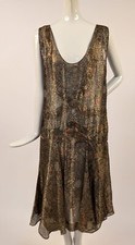 FLAPPER 1920  S FLORAL METALLIC GOLD LAME DRESS W DRAPE TAIL SKIRT
