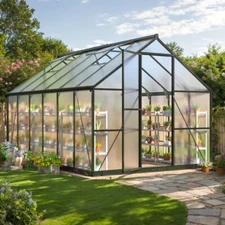 Outdoor Polycarbonate Greenhouse with Walk-In Design, Sturdy Frame, Roof Vent