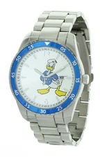Men's Disney Donald Duck Silver Dial Metal Band Watch With Blue Bezel And Date 