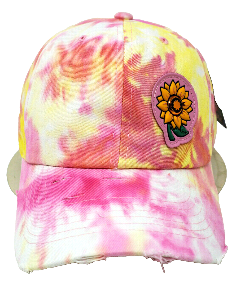Sunflower Tie Dye Ball Cap Distressed Dad Hat 100%cotton Curved