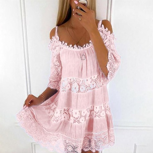 Frauen Spitze Boho Minikleid Damen Sommer Strand Urlaub Kurzarm Sommerkleid / - Picture 10 of 22