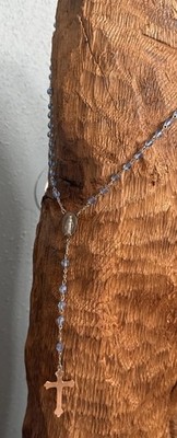 Blue Beaded Rosary Necklace Cross Pendant