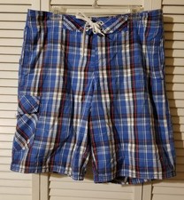Old Navy Men's Large Swim Trunks Board Shorts Blue Plaid String Tie Mesh Lined