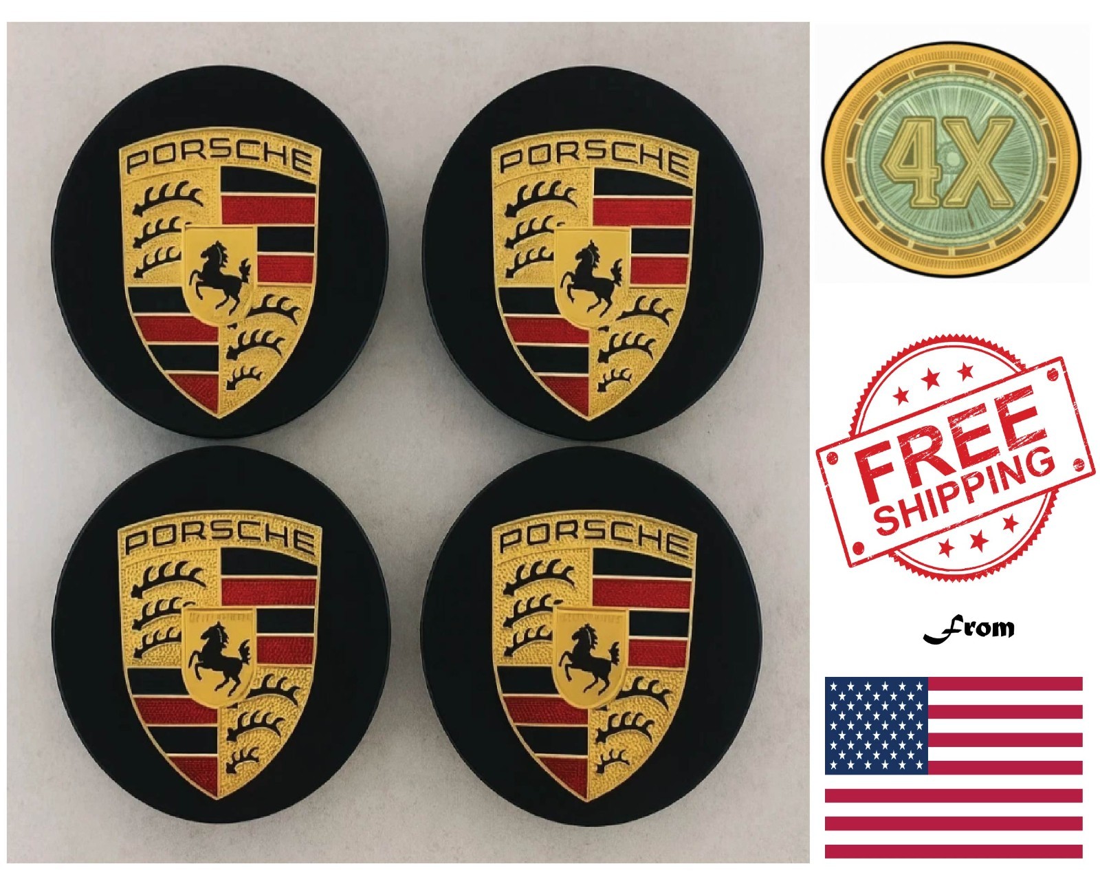 4 Porsche OEM Center Hub Caps Concave 76MM Gloss Black 911 MACAN CAYENNE