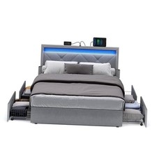 LED Bed Frame Size Bed with Headboard and 4 Full Light Gray Normal Headboard