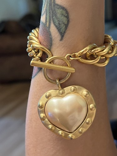 Vintage CAROLEE Pearl Heart Bracelet Chunky Matte Gold Tone Studded Statement