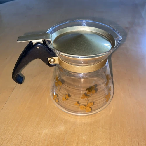 Vintage MCM 1960s PYREX Tea Coffee Syrup Carafe Gold Clover Mini 4” Flip Lid
