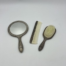 Vintage Silver Plated Vanity Set Hand Mirror, Brush and Comb Patina Heavy READ
