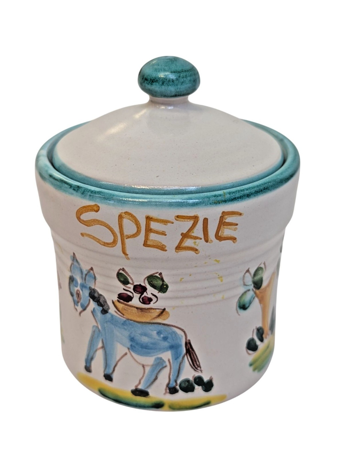 Vietri Giovanni Italian Pottery Jar with Lid Donkey Hand Painted Signed Spezie