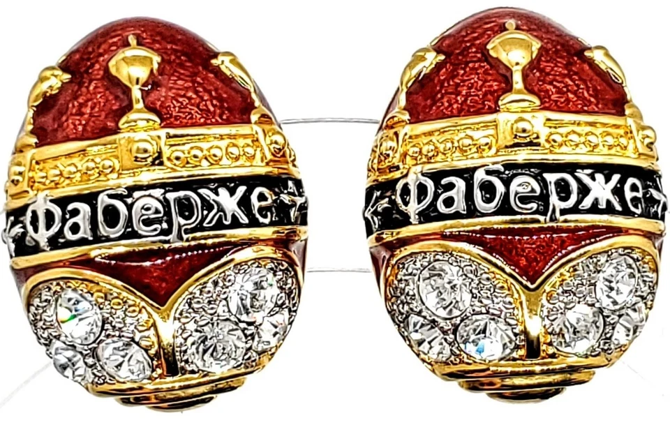 Pendientes De Colección Joan Rivers Clip en Huevo Ovalados Rojo Negro Tono Dorado Estrás Estate  Foto 3 de 4