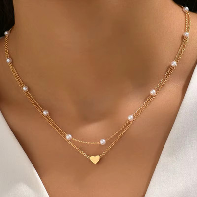 Layer Halskette Gold - 2-lagig Perlenkette & Herz Anhänger - Damen Schmuck