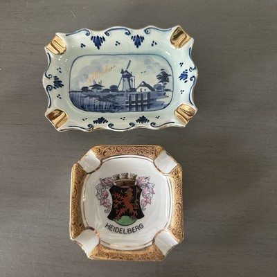 2 Vtg Ashtrays Delft Dutch & Wolf Kueps Bavaria HEIDELBERG LION Coat-of-Arms