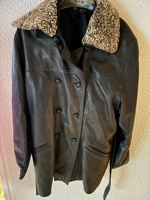 Unisex men's leather jacket black double breasted coat real leather with fur collar 44
