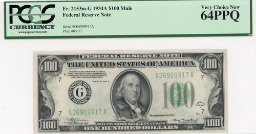 $100 1934A Chicago Mule Federal Reserve Note. Fr. 2153-G, PCGS 64 PPQ
