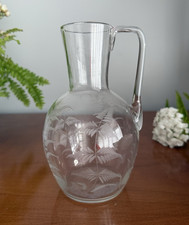 Vintage Fern Etched Hand Blown Glass Jug with Handle