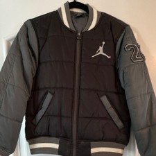 Jordan Boys Bomber Jacket Black Gray Hooded Full Zip Sports Logo Size M