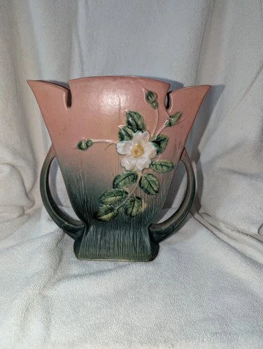 Vintage 1940 Roseville Pottery White Rose Pink Vase #987-9"