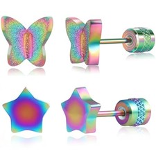 Butterfly Stainless Steel Stud Earrings - 2 Rainbow Butterfly and Star shaped