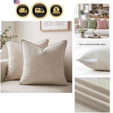 Set of 2 Beige 18x18 Inch Soft Chenille Decorative Throw Pillow Covers with F...
