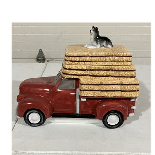 Montana Lifestyles Red Truck Ceramic Cookie Jar w/ Dog Lid Country 8.5in