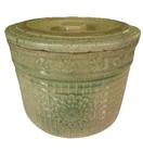Antique Yellow Ware McCoy Crock & Lid Daisy Chrysanthemum and Waffle Pattern 5”T