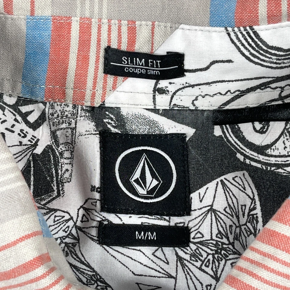 Volcom Shirt Mens Medium Slim Fit Gray Striped Surf Skate Casual Travel Workwear - Image 4 of 4