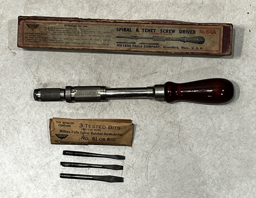 MILLERS FALLS NO.61A SPIRAL RATCHET SCREW DRIVER WITH THREE TIPS