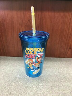 Kelloggs Rice Krispies 16 Oz Plastic Drink Tumbler w/straw, Snap Crackle Pop 