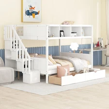 Twin over Full Bunk Bed Frame with Shelves/Storage Staircase/ 2 Drawers White