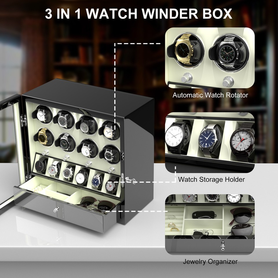 White Automatic Rotation 8 Watch Winder Case with 6 Watches Display ...