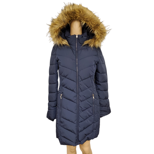 Tommy Hilfiger Womens Chevron Faux-Fur Trim Hooded Puffer Coat Navy XSmall