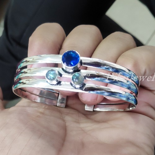 Blue Fire Labradorite & Tanzanite Gemstone 925 Sterling Silver Big Cuff Bracelet - Picture 4 of 8