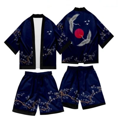 Japanisch Herren Locker Kimono Satz Yukata Mantel Outwear Top Shorts Blumen Kran - Bild 1 von 4