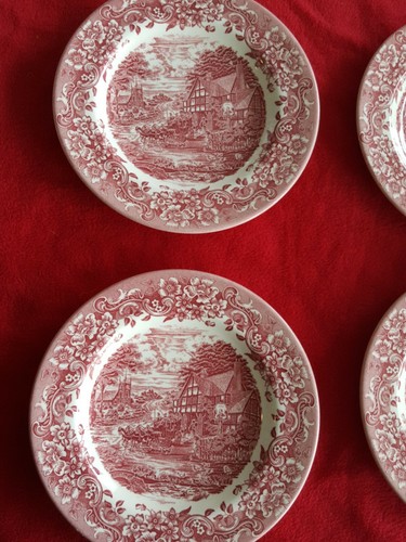 Juego vintage de 4 grabados de Staffordshire siglo XVII plato de ensalada roja vajilla de transferencia - Imagen 4 de 5