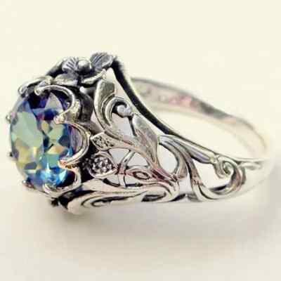 925 Sterling Silver Rainbow Mystical Fire Topaz Wedding Engagement Ring Size 8