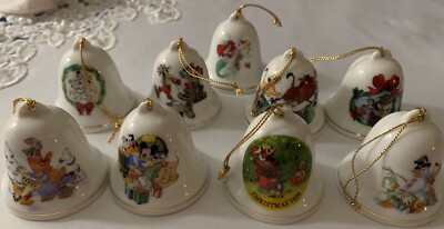 Vintage Lot Of 9 Grolier Collectibles Disney Porcelain Christmas Bell Ornaments