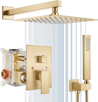 Shower Faucet Set Gold Shower System with Mixer Valve 12'' Rain Shower Head Combo